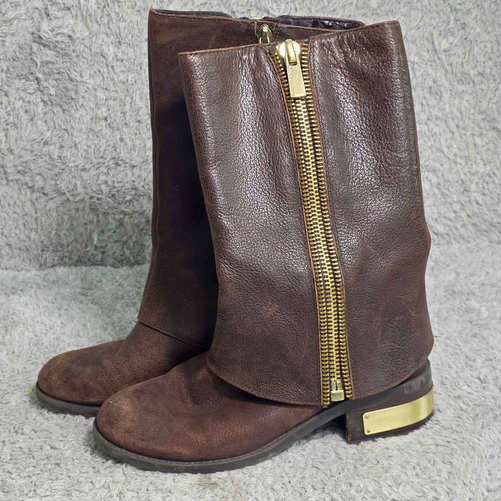 Vince Camuto‎ Leather Mid Calf Gaiter Boots Brown Gold Zip Women 7M Good